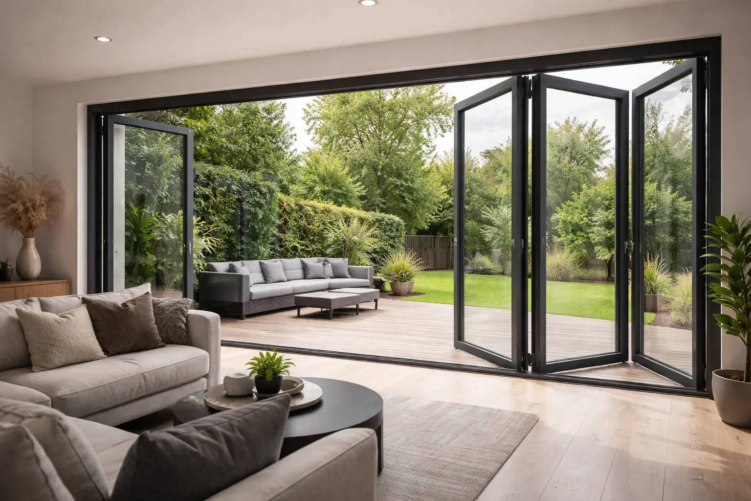 Modern aluminium bifold doors across London home connecting indoor living space to garden with large glass panels