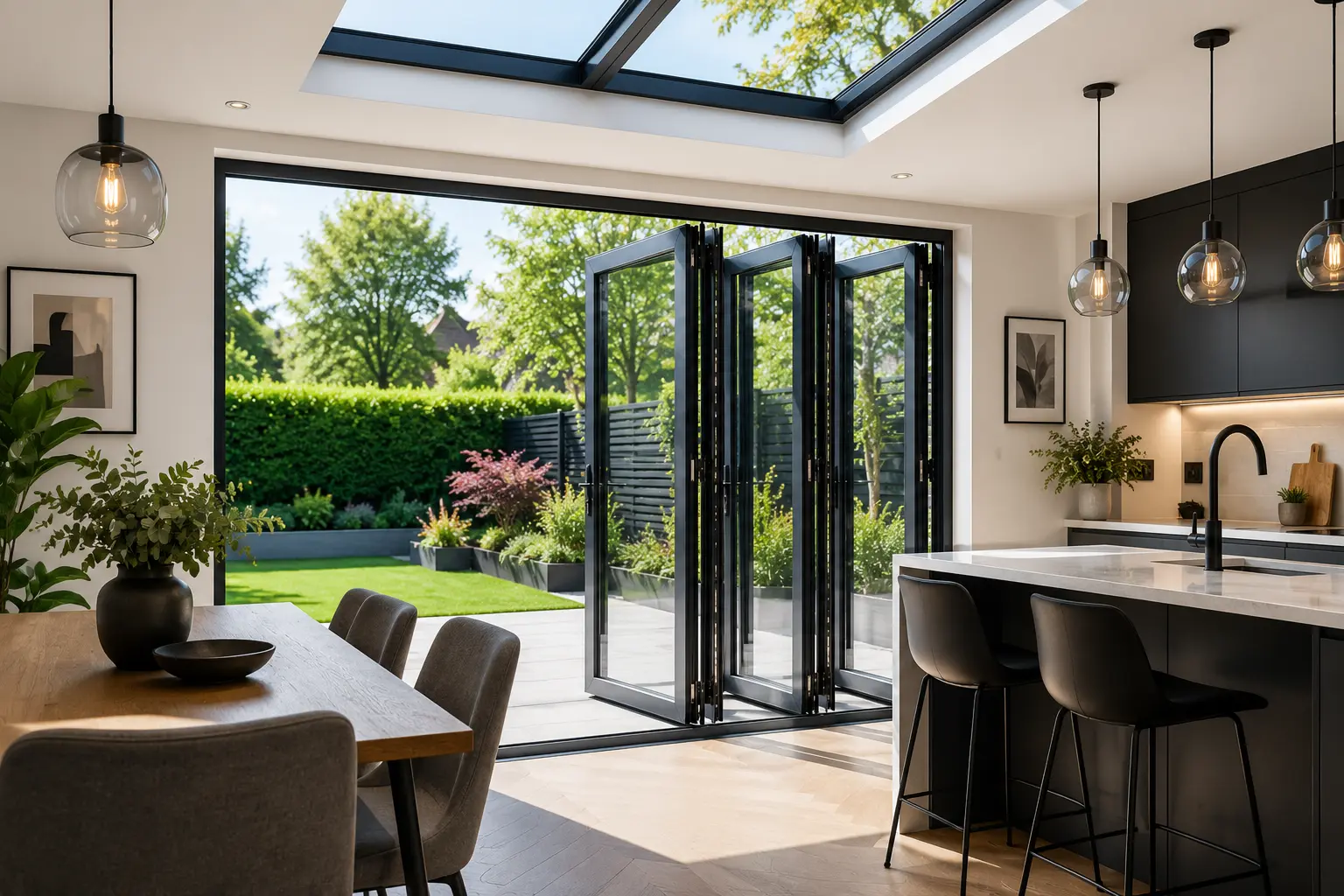 Black aluminium bifold doors in modern kitchen extension