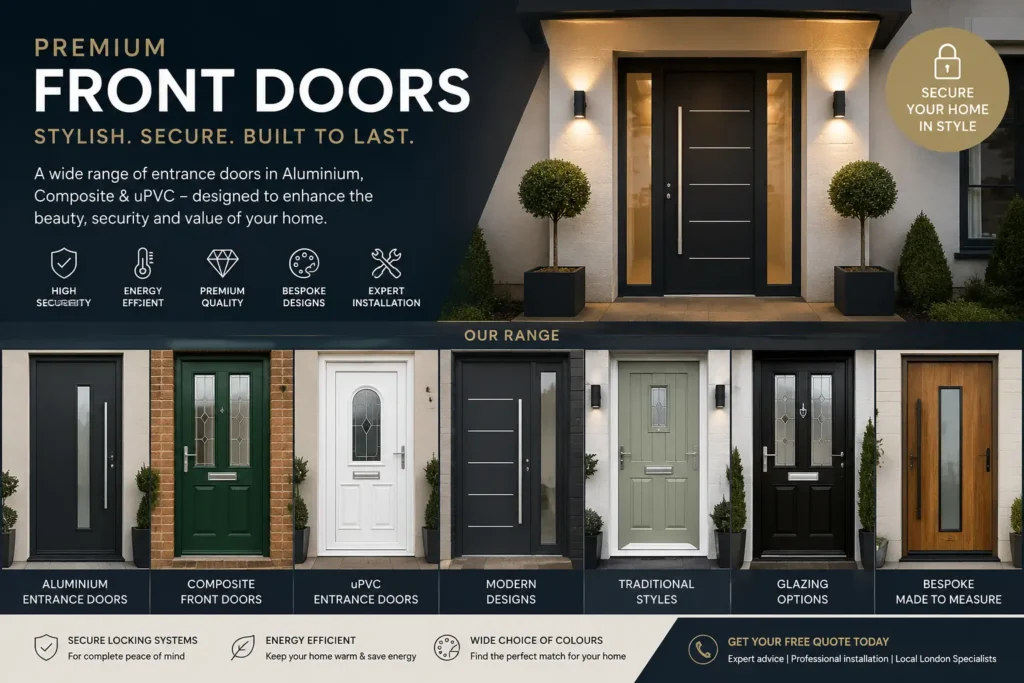 Modern front and entrance doors in London including aluminium, composite and uPVC door options installed by Durajoin