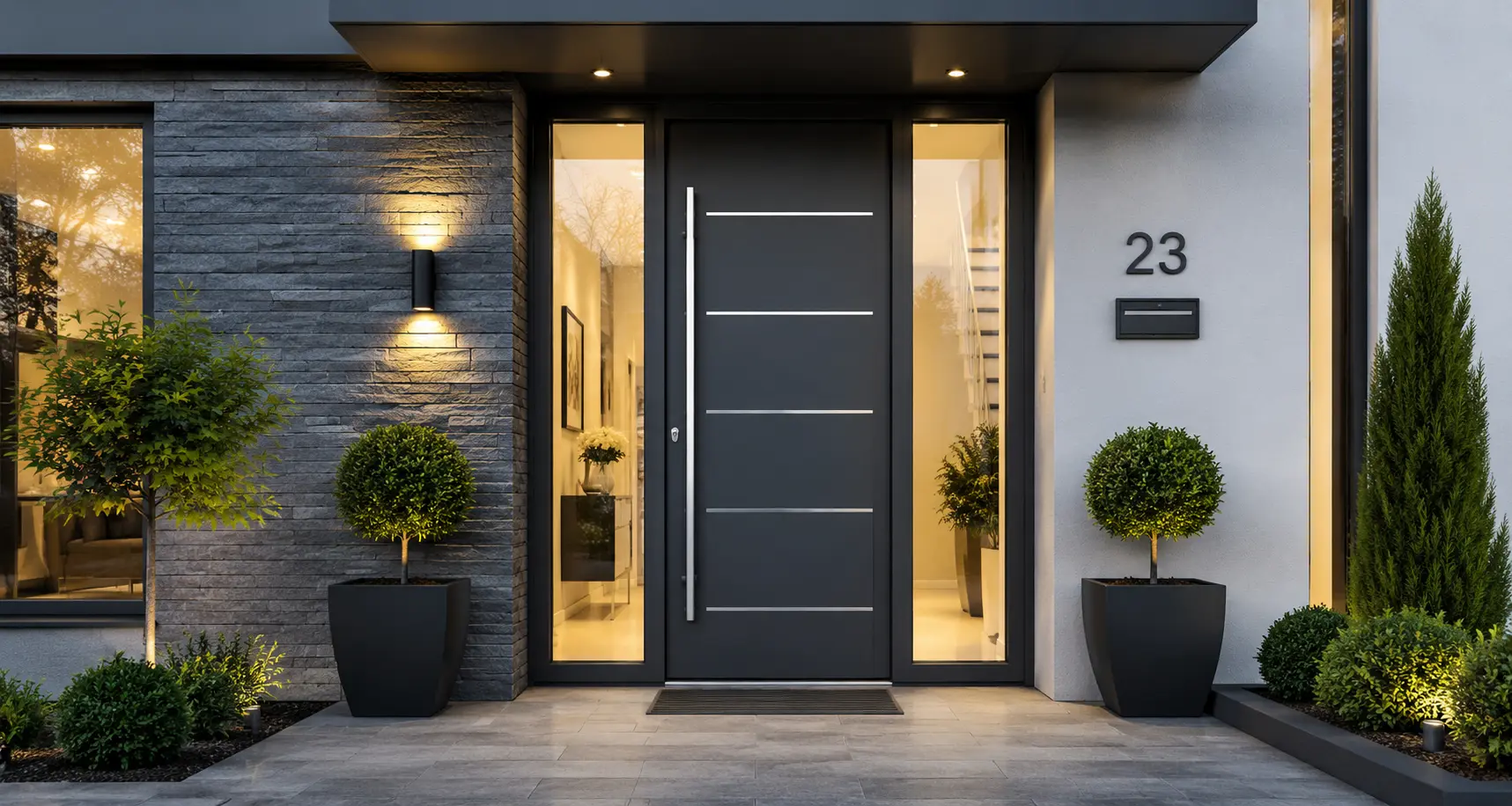 Premium modern aluminium front doors London design in anthracite grey.