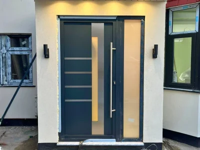 Bespoke aluminium front door with side panel supply and installation in London by Durajoin