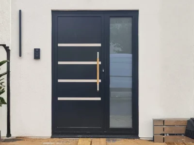 Black aluminium front door with glass side panel supply and installation by Durajoin in West London