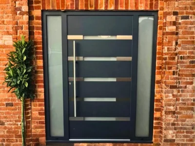 Mordern aluminium front door with horizontal glass design supply and installation by Durajoin in London