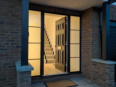 Modern black aluminium front door with glass side panels supply and installation by Durajoin in London