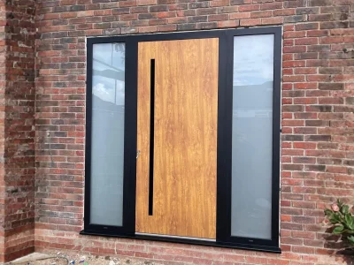 Oak effect aluminium front door with side panels supply and installation by Durajoin in London