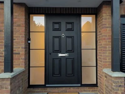 Traditional black aluminium front door with side lights supply and installation by Durajoin in East London