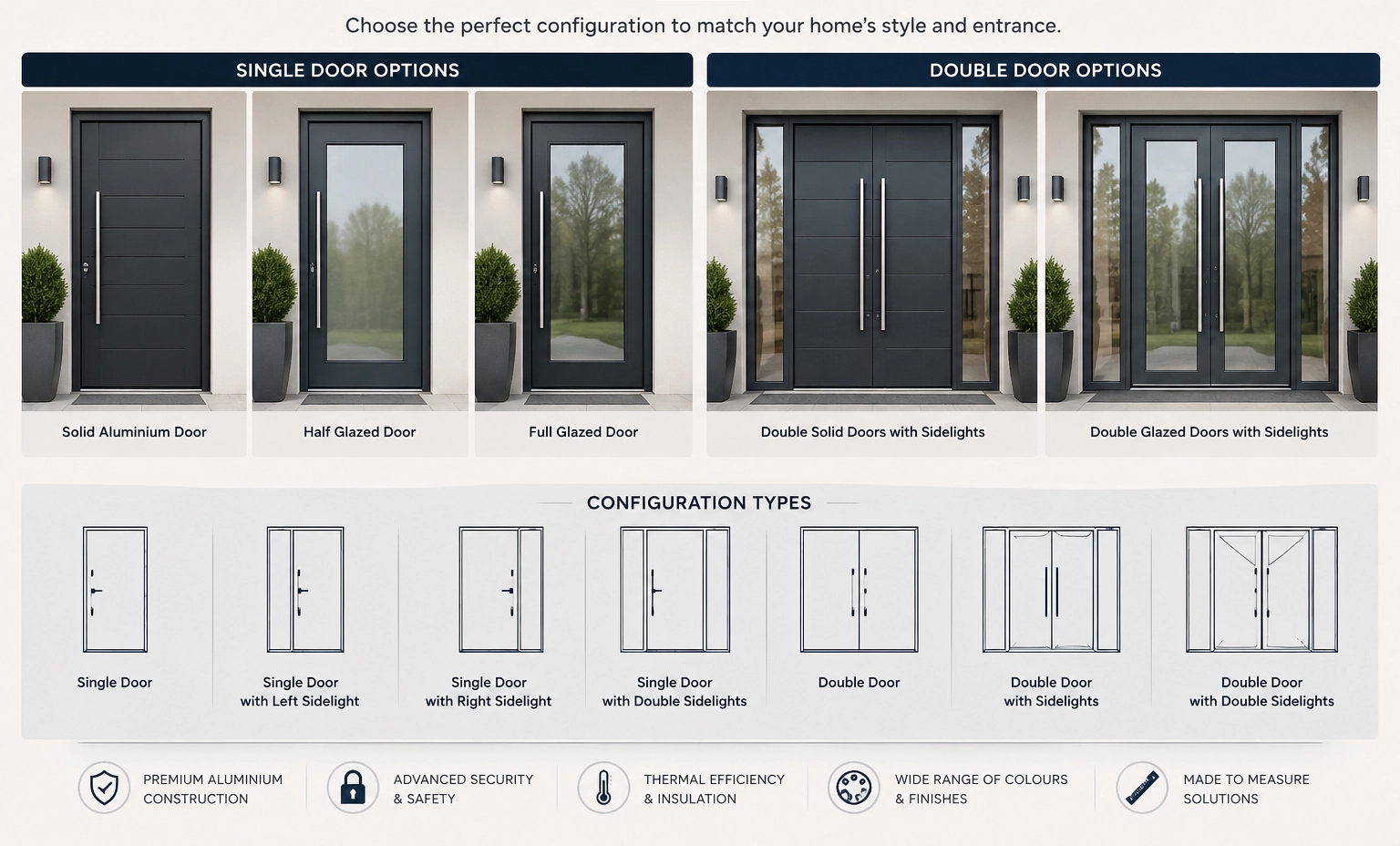 Aluminium front door configurations including single doors, double doors and entrance doors with sidelights by Durajoin London