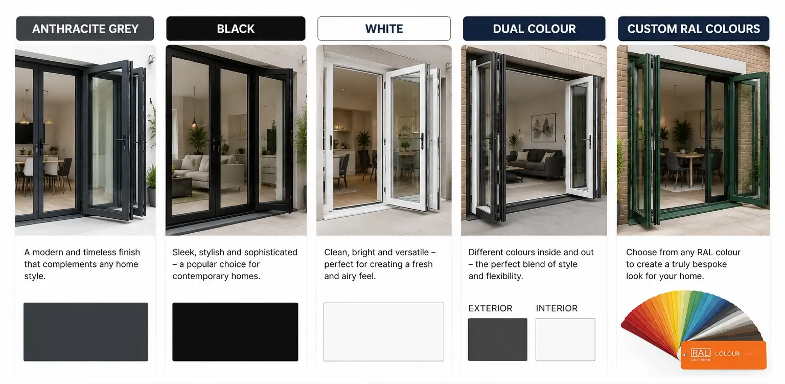 RAL colour swatch chart displaying powder-coated finish options for aluminium bifold doors
