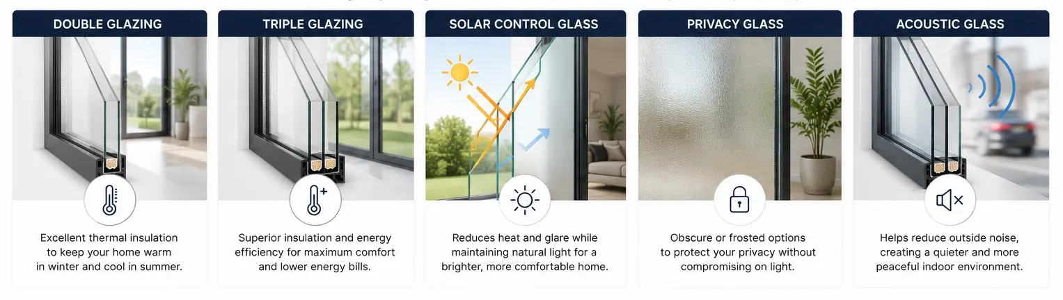 Double glazed, triple glazed, and solar control glass options for bifold doors