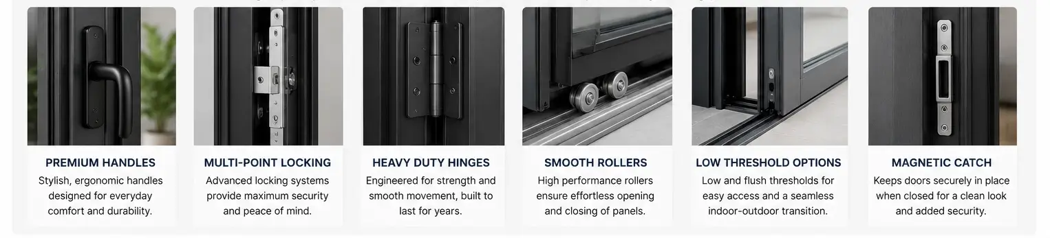 Stainless steel handles, multi-point security locks, and heavy-duty hinges hardware options for bifold doors