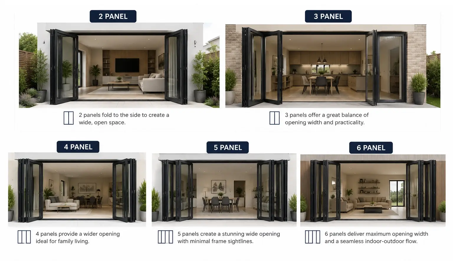 bifold door panel configurations and fold direction layouts