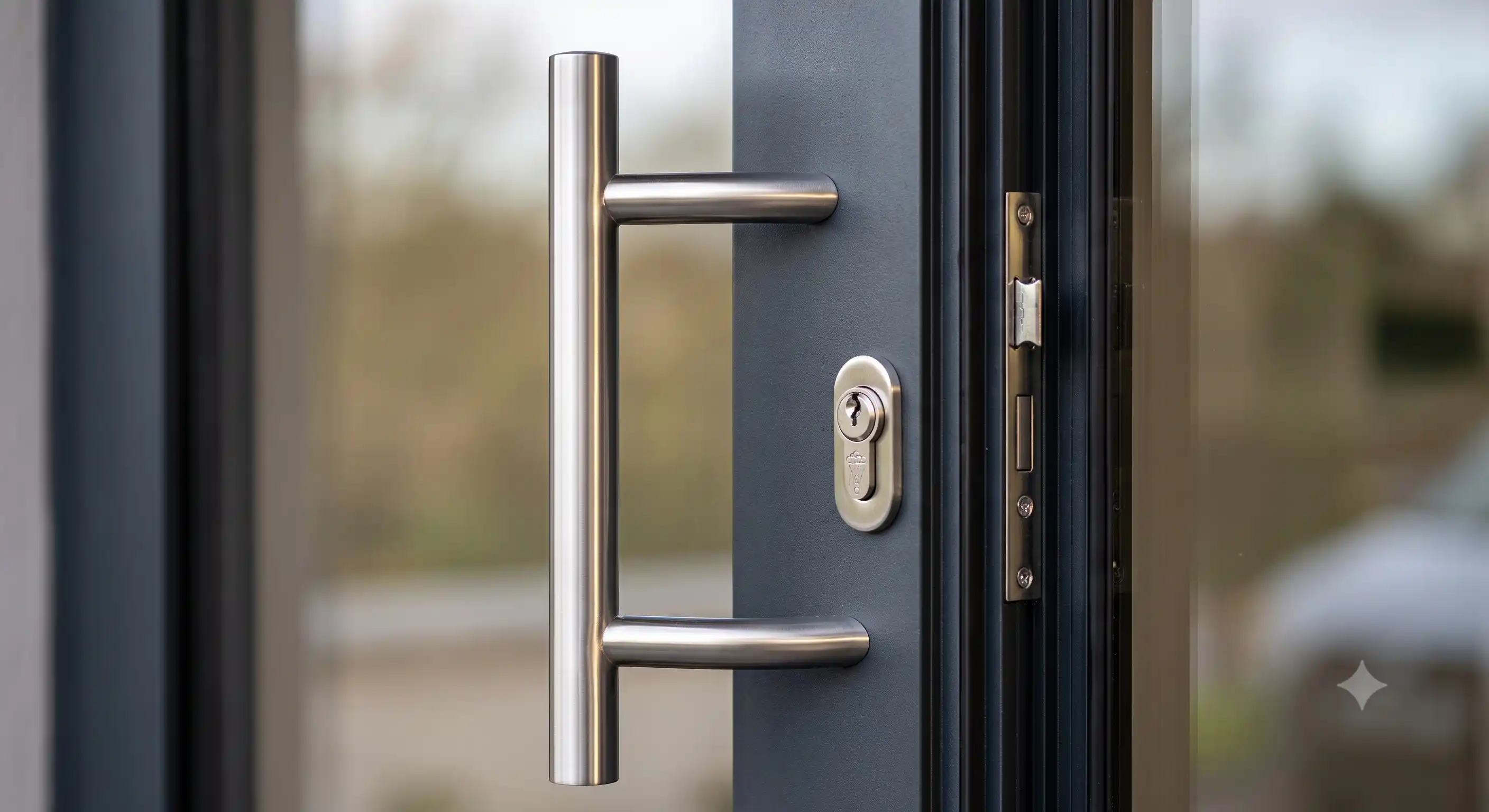 Modern UK front door with quality hardware including hinges handles and locking
