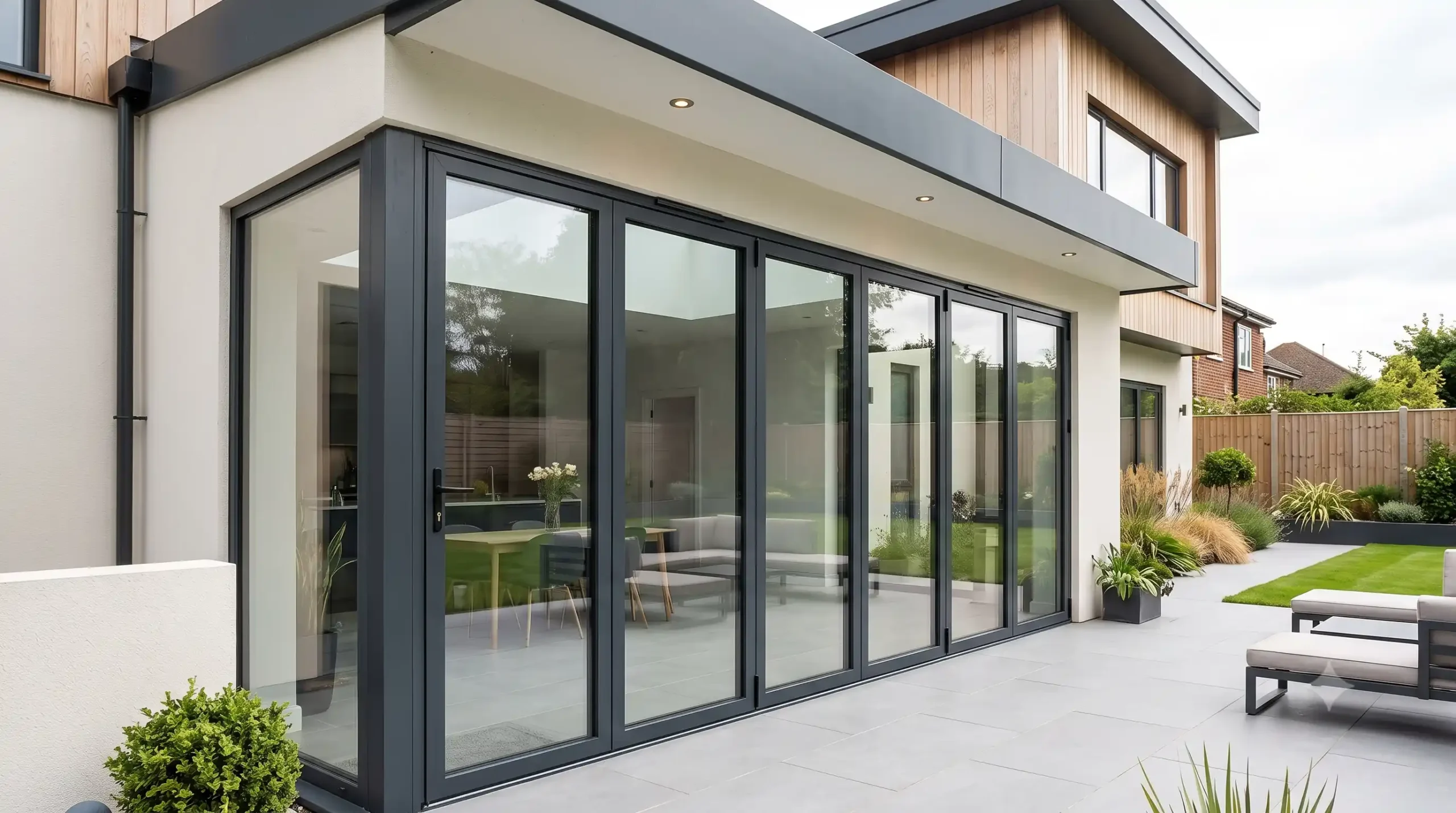 Aluminium bifold doors installed in modern home with acoustic grade & slimline profile