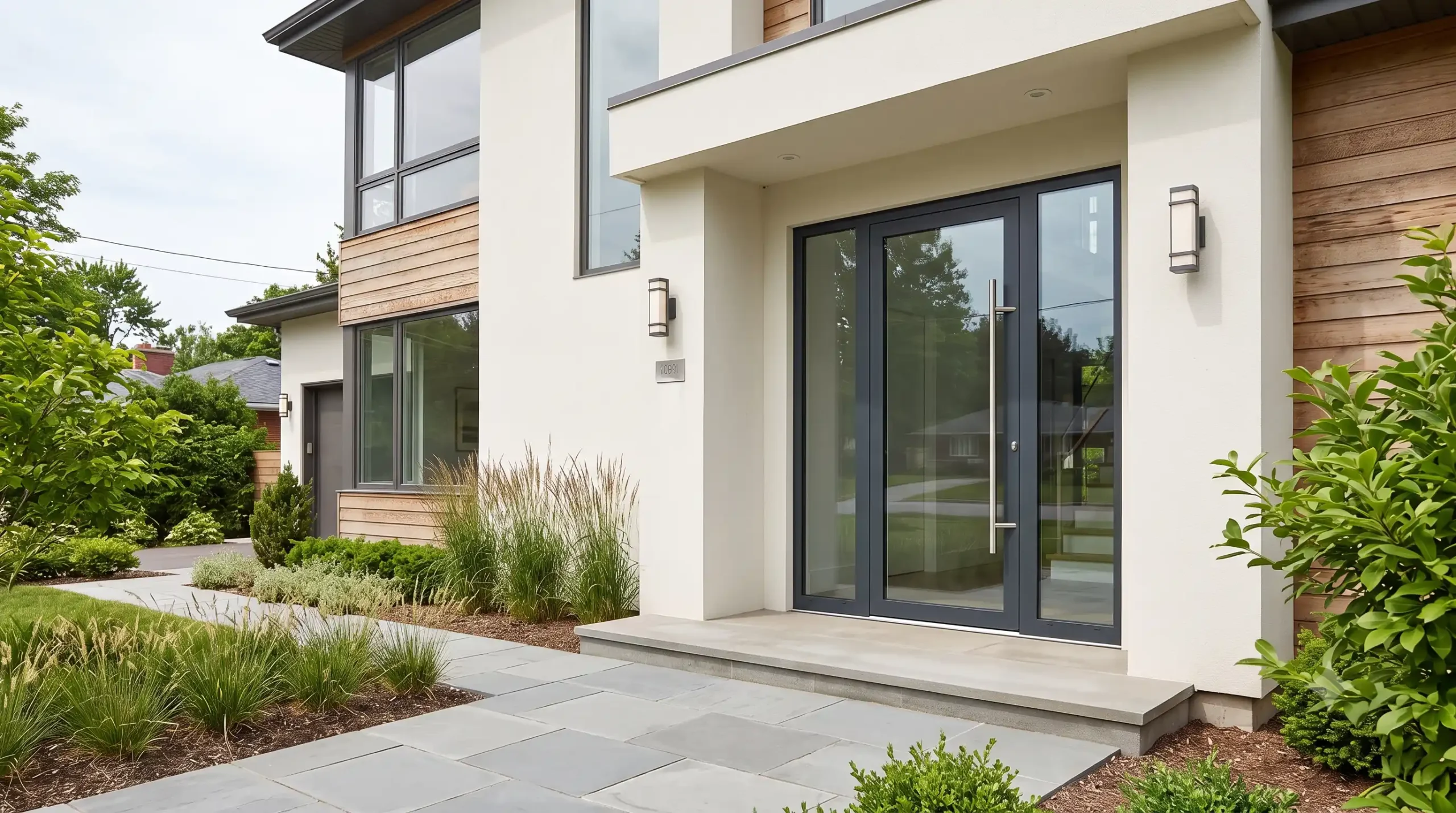 Aluminium front door installed in modern home with slim profile and acoustic grade