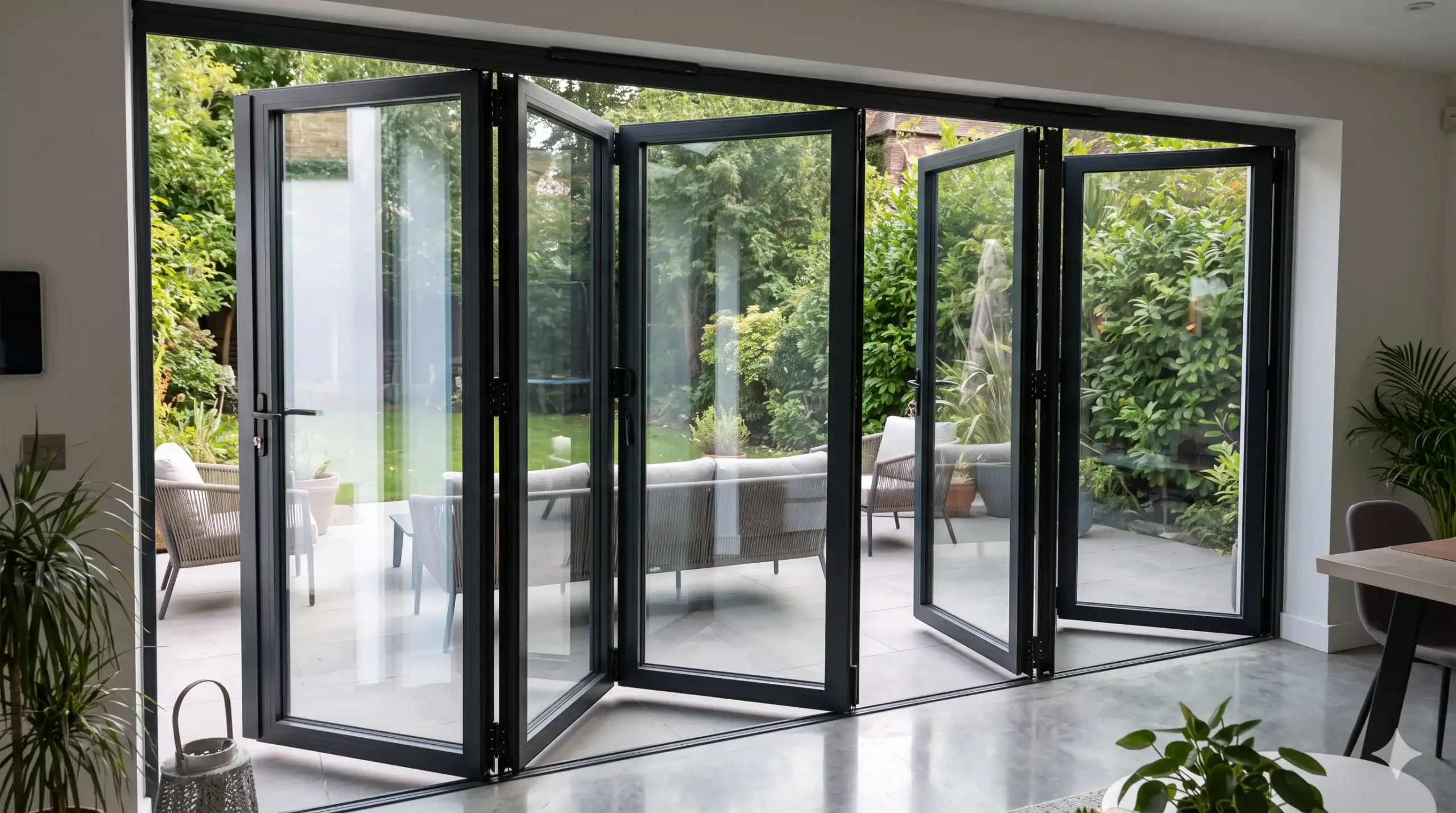 Large double-glazed bifold doors with slim dark aluminium frames partially folded open, connecting a modern indoor living space to an outdoor patio and garden.