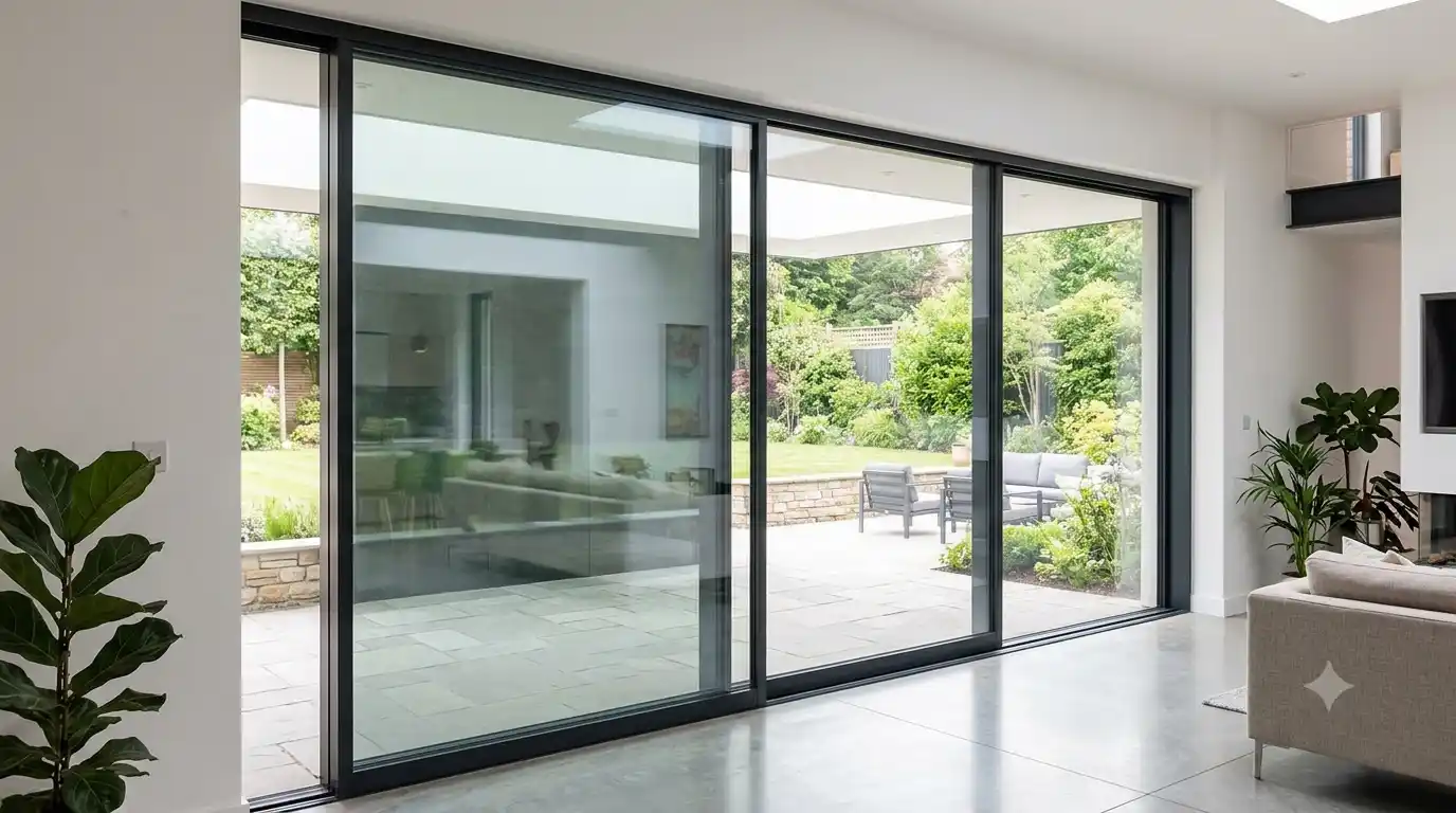 Large double-glazed sliding patio doors in a modern living room, highlighting the thick glass and secure aluminium frame for home protection.